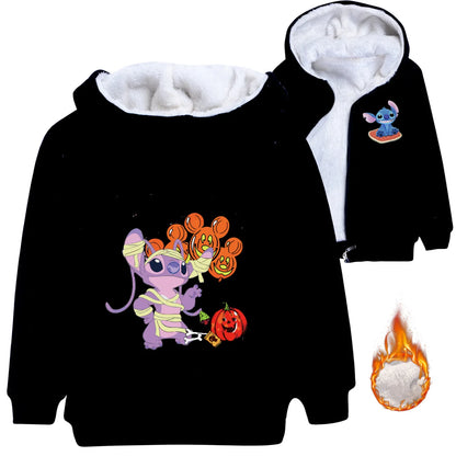 Kid Baby Boy Girl Coat Autumn Winter Long Sleeve Plush Hoodies Cartoon Stitch Print Children Sweatshirt Clothes Thick Top Outfit