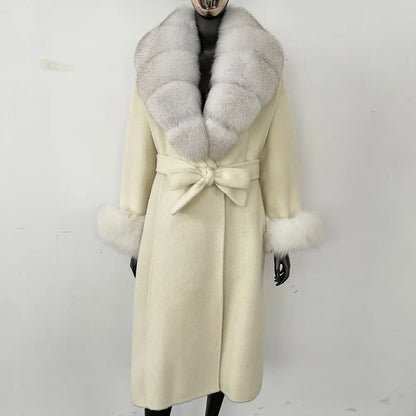 Wool Coat Women New Autumn Winter Real Fox Fur Jacket Female Long Warm Natural Fox Fur Collar Fur Cuffs