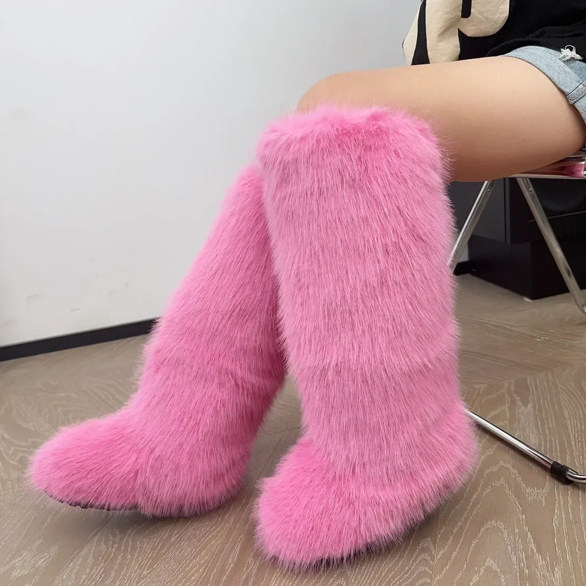 Women New Faux Fox Fur Long Boots Knee High Light Colour Fur Snow Boots Ladies Platform Push Shoes Drop Shipping Winter Shoes