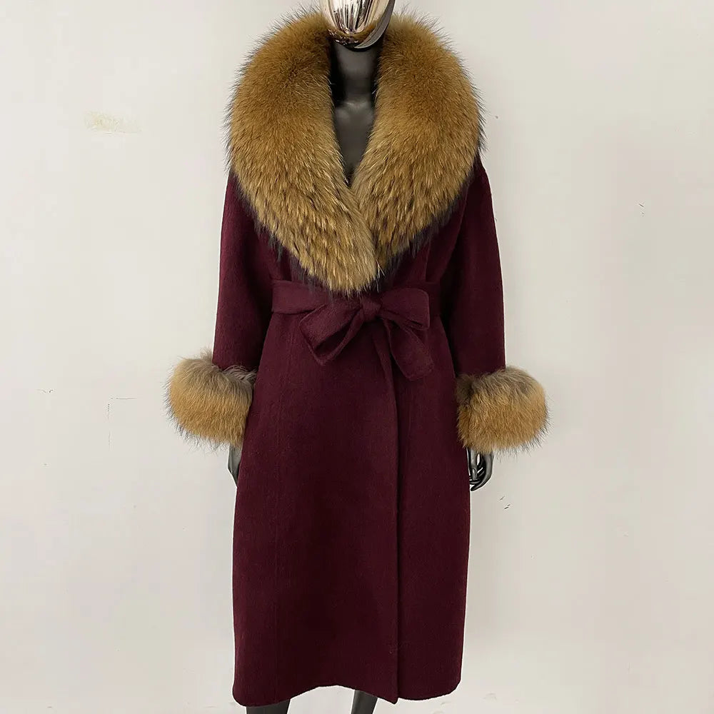 Wool Coat Women New Autumn Winter Real Fox Fur Jacket Female Long Warm Natural Fox Fur Collar Fur Cuffs