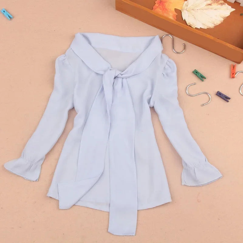 2025 Spring Autumn Toddler Teenage Girls Tops And Blouses School Girl Blouse Shirt Kids Chiffon Long Sleeve Bow Baby Shirts