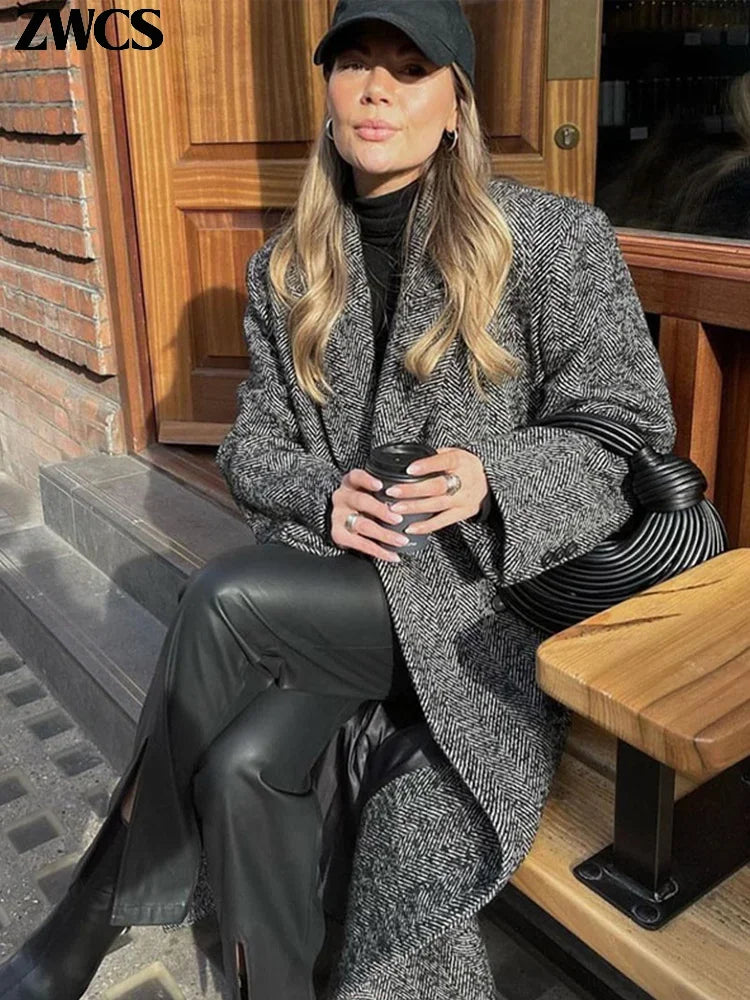 Street Ribbed Woolen Long Coat Women Elegant Double Breasted Lapel Full Sleeve Overcoat Winter New Lady Chic Outwear