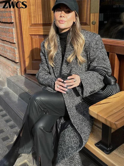 Street Ribbed Woolen Long Coat Women Elegant Double Breasted Lapel Full Sleeve Overcoat Winter New Lady Chic Outwear