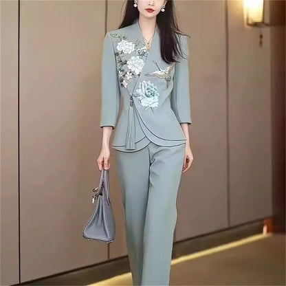 Chinese Style Suit Women's Summer Suits New Heavy Craft Embroidery 3/4 Sleeve Top Micro Flared Pants Temperament Two-Piece Set