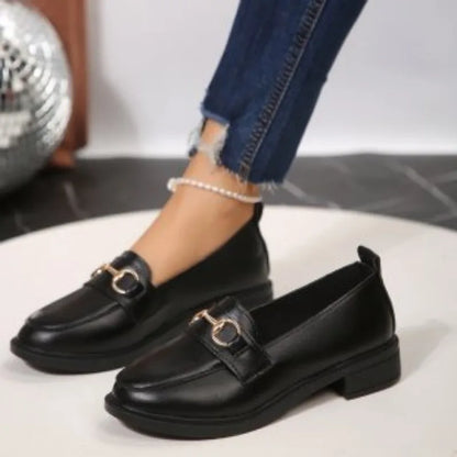 2025 Spring Women’s Leather Shoes British Style Metal Chain Black Mary Jane Low Heels Ladies Casual Loafers