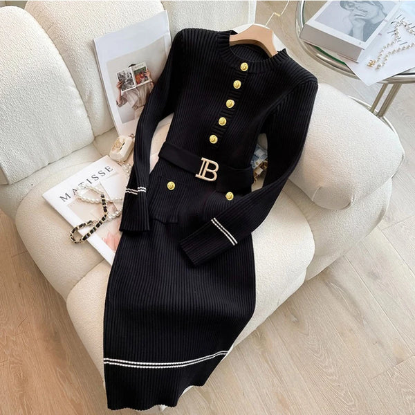 YuooMuoo 2024 Autumn Winter Women Knitted Dress Brand Fashion O-neck Buttons Bodycon Sweater Dress with Belt Lady Office Dress