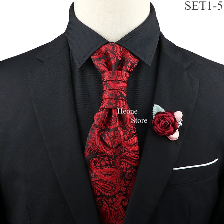 New Men's Premium Paisley Tie Brooch Set Red Black Blue Ajustable Neck Tie Luxury Classic Suit Tuxedo Groom Wedding Accessories