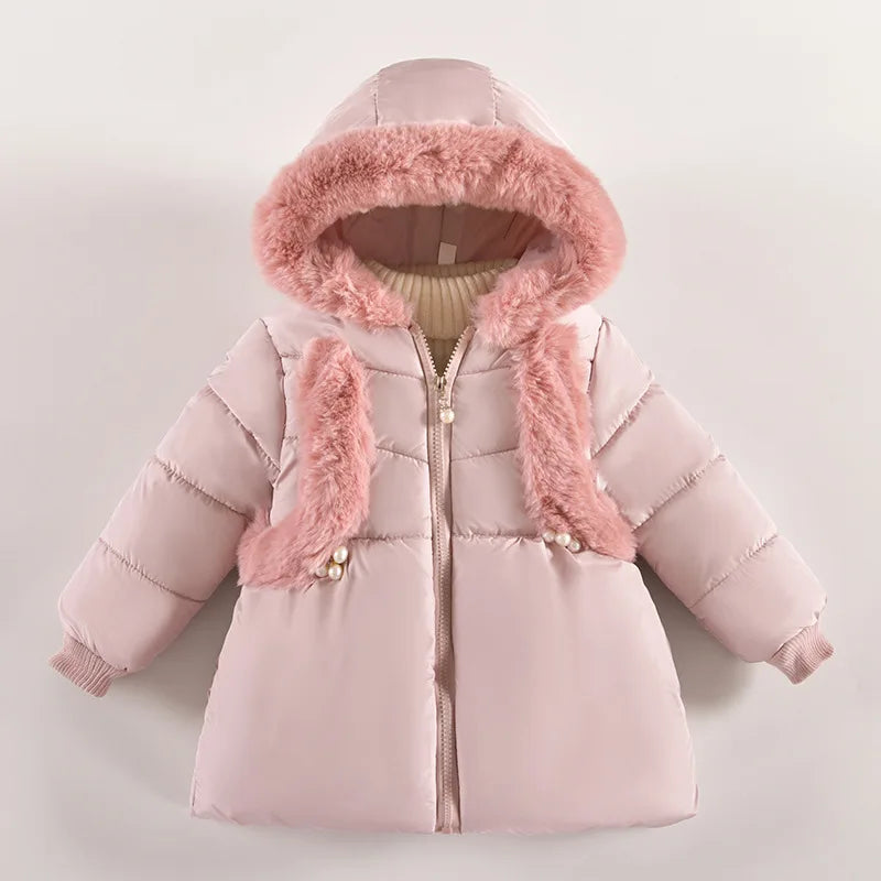 2 3 4 Years Winter Girls Jacket New Autumn Fur Collar Keep Warm Little Princess Coat Hooded Zipper Baby Outerwear Kids Clothes