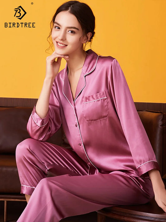 100% Silk Pajamas Set for Women Summer and Autumn Long-sleeved Mulberry Home Service Silk Women's Pocket