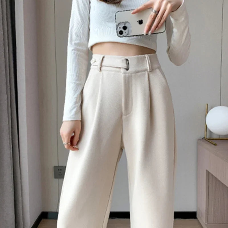 MEXZT Winter Wool Wide Leg Pants Women Streetwear High Waist Suit Straight Pants Korean Thick Black Baggy Woolen Full Trousers