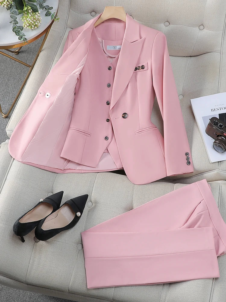 Women Vest Blazer Jacket and Pant Suit Pink Blue Apricot Office Ladies Business Work Career Wear Formal 3 Pieces Set