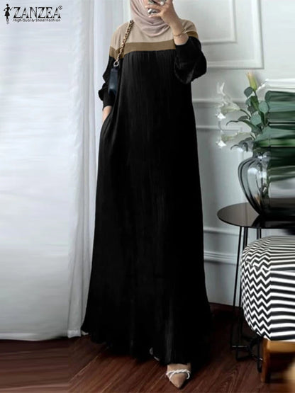 Fashion Autumn Long Sleeve Pleated Sundress 2024 ZANZEA Muslim Abaya Robe Femme Women Patchwork Maxi Dresses Casual Vestidos