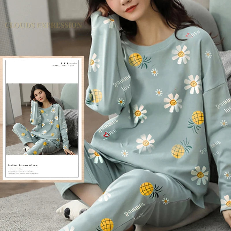 Spring Autumn Big Size 5XL Women Polyester Pajamas Plaid Sleepwear Long-sleeved Homewear Sets Womens Simple Loose Casual Pijamas