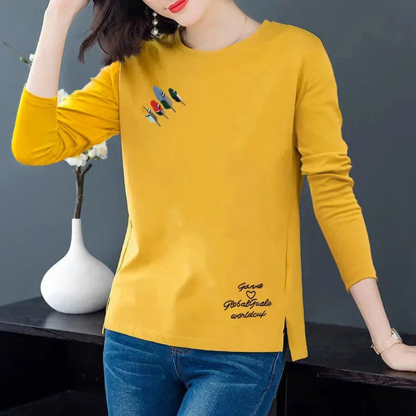 100% Cotton Spring Fashion Versatile Pure Cotton Round Neck T-shirt Split Casual Loose Women Base Shirt