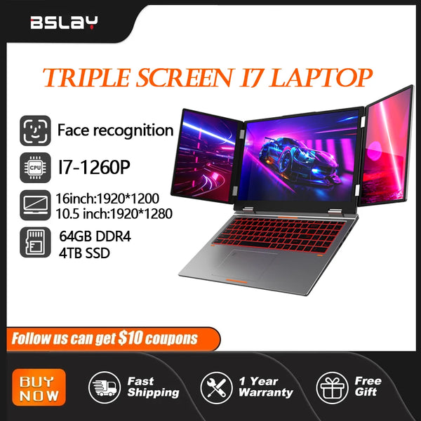 16+10.5+10.5inch Triple Screen Laptop I7-1260P 64GB 4TB DDR4 Win11 Face Recognition Fingerprint Unlock WIFI6 HDMI Computer