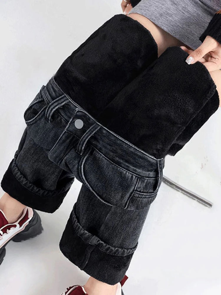 Women Vintage Loose Straight Jeans Winter Warm High Waist Velvet Lined Wide Leg Denim Pants Korean Thicken Casual Chic Vaqueros