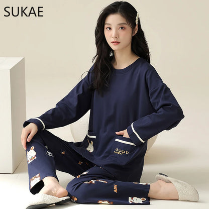 SUKAE M-5XL Big Size Women Pajama Set Autumn Winter New Cotton Long Sleeves Woman Sleepwear Casual Girl Pijama Cartoon Nightwear