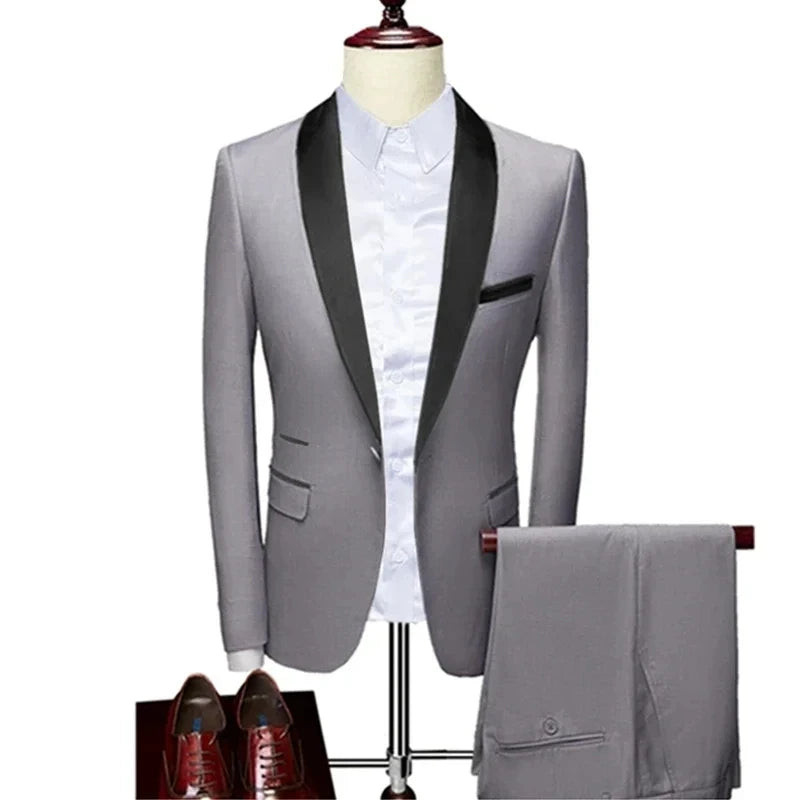 Men Skinny 3 Pieces Set Formal Slim Fit Tuxedo Prom Suit / Male Groom Wedding Blazers High Quality Dress Jacket Coat Pants Vest