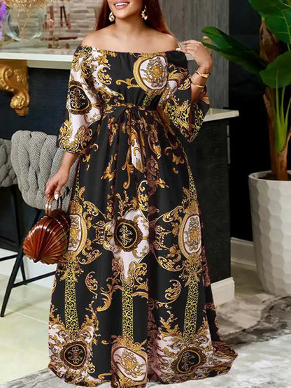 VONDA Women Printed Party Dress 2024 Sexy Off Shoulder Long Lantern Sleeve Bohemian Sundress Belted Vintage Maxi Robe Oversized