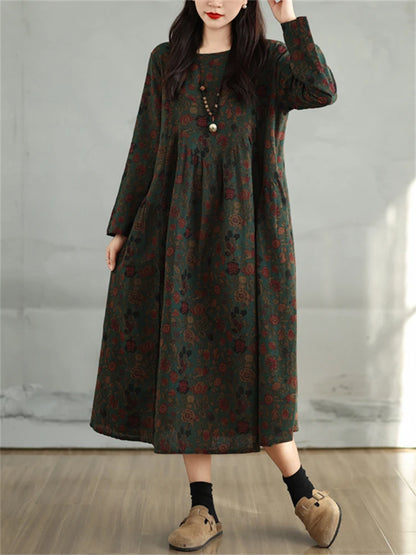 Cotton Vintage Print Floral Dresses 2024 Women Casual Loose Long Sleeve Dress Femme Robe Vestidos Elegant Spring Autumn Clothing