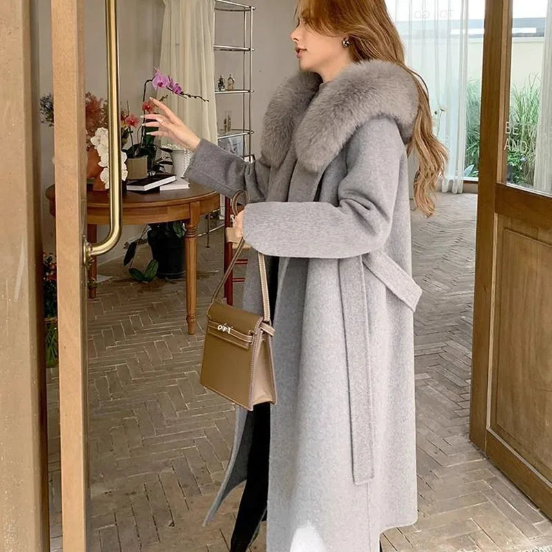 Overcoat 2024 New Fashion Women's Women's Woolen Coat Winter Temperament Large Fur Collar Solid Color Women's Woolen Coat H87