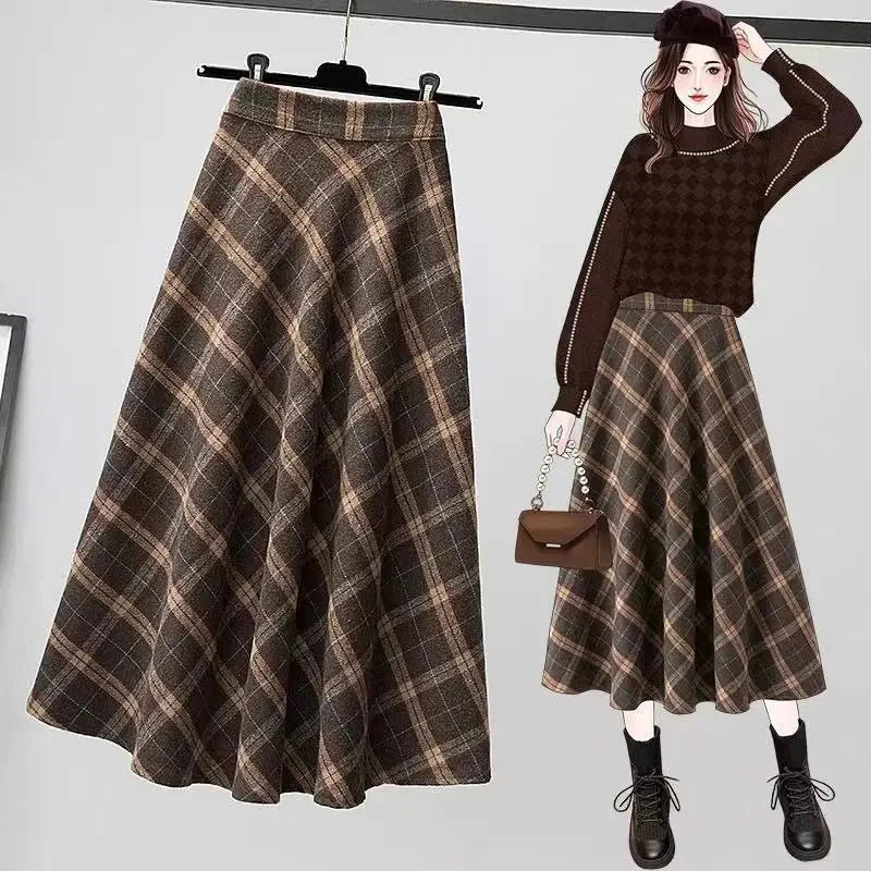 Rimocy Autumn Winter Woolen Skirt Women Korean Style Thick High Waist Long Skirt Woman A Line Pleated Plaid Skirt Female