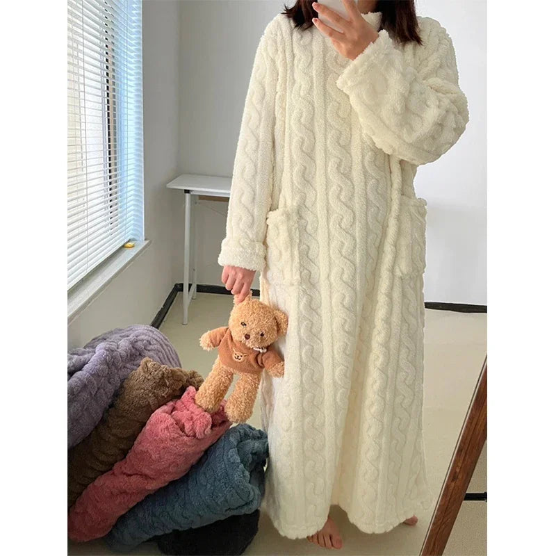 Winter Long Sleeve Double Pocket Flannel Nightgowns Women Loose Solid Sleepwear Jacquard Night Dress Thickened Warm Nightdress