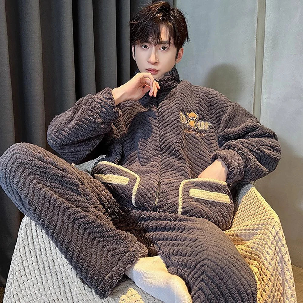 Antistatic Coral Fleece Men's Winter Pajamas Set Thicken Flannel Warm Sleepwear Big Size 3XL Zipper Soft Pajama Men pyjama homme