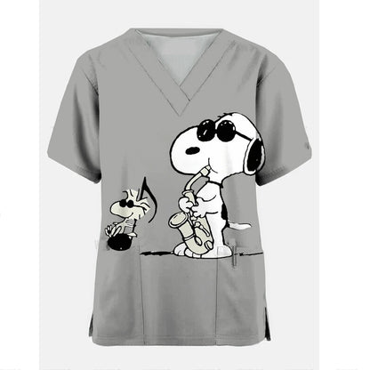 Medical Blouse Clinic Hospital Workwear Healthcare Nurse Snoopy print Uniform Carer Working Short Sleeve Tops Women T-shirt Nurs