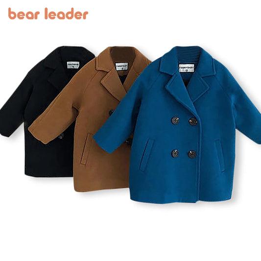 Bear Leader Baby Boys Woolen Jacket Long Double Breasted Warm Infant Toddler Lapel Tweed Coat Autumn Winter Outerwear Coats