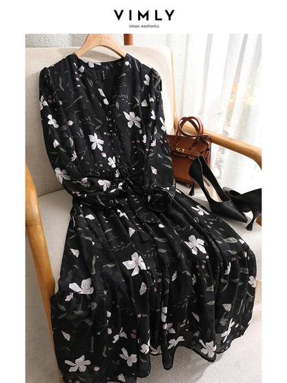 Vimly Chiffon Floral Dress for Women Spring Vacation Outfit Elegant Vintage Long Sleeve Tie Belt Swing Midi Tiered Dresses