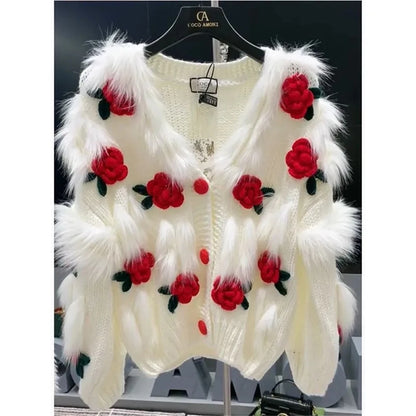 Women'S Fashion Cardigan Spring And Autumn New High Grade Sweater Embroidered 3D Rose Knitted Top