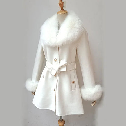 Winter Real Fox Fur Coat Women Wool Jacket With Natural Fox Fur Collar Slim Female Woolen Cashmere Outwear