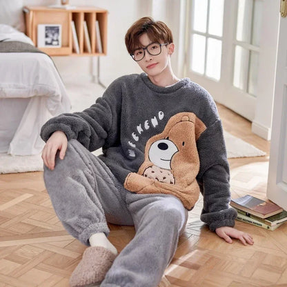 2025 New Winter Plus Size Long Sleeve Thick Warm Flannel Pajama Sets For Men Cute Cartoon Sleepwear Pyjama Homewear Home Clothes