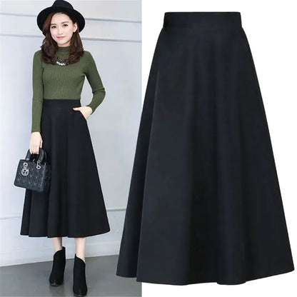 Winter Women Long Woolen Skirt Fashion High Waist Mom Basic Wool Skirt Female Casual Thick Warm Black Elastic A-Line Maxi Skirts