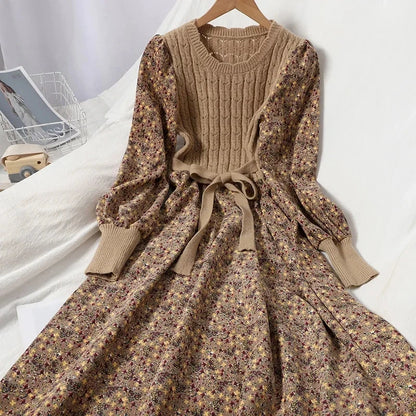 Autumn Winter New Korean Patchwork Bandage Long Sleeved Knitted Dress Women's Fashion Slim Sweet Corduroy Flower Dresses