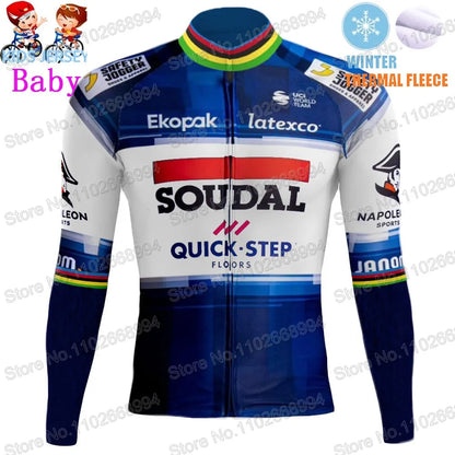 Kids Soudal Quick Step 2025 Cycling Jersey Winter Set World Champion Boys Girl Cycling Clothing Bike Thermal Jacket Suit Maillot