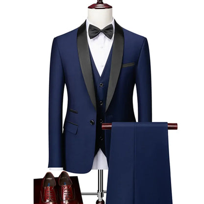 Men Skinny 3 Pieces Set Formal Slim Fit Tuxedo Prom Suit / Male Groom Wedding Blazers High Quality Dress Jacket Coat Pants Vest