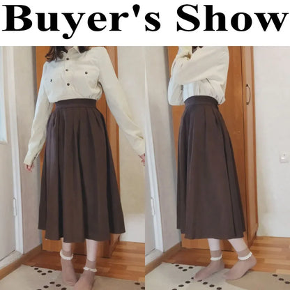 Lucyever Vintage Brown High Waist Pleated Skirt Women Korean Fashion College Style Long Skirt Ladies Autumn Casual A line Skirts