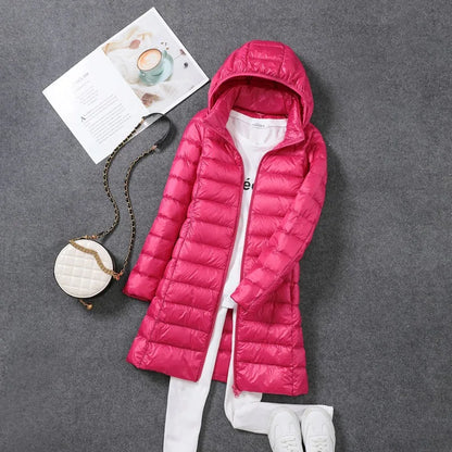 2025 Women Spring Jacket Ultralight Thin Packable Down Long Jacket  Female Hat Detachable Slim Fit Skirt Coat Portable Outwear