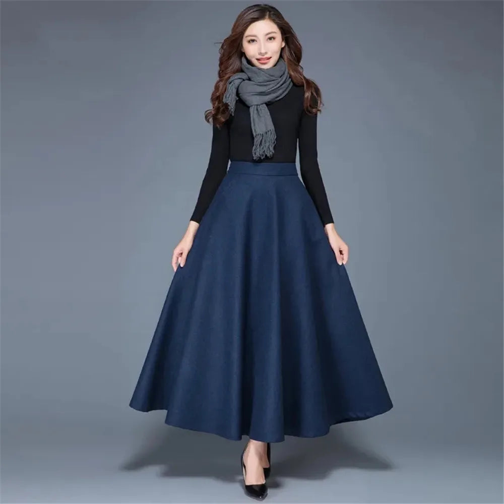 Winter Women Long Woolen Skirt Fashion High Waist Mom Basic Wool Skirt Female Casual Thick Warm Black Elastic A-Line Maxi Skirts