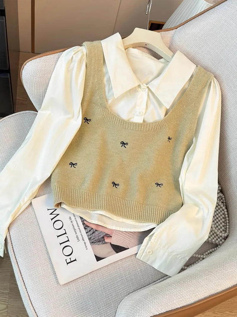 Y2k Vest Knit+shirts Suit  Set Women 2 Pieces