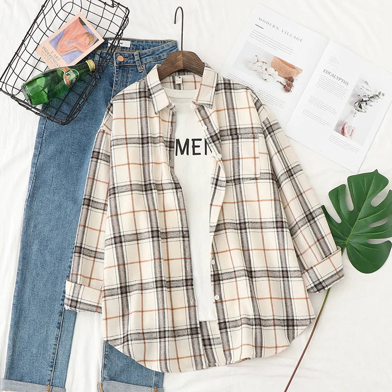 New Fashion Loose Womens Plaid Shirt Fresh College Style Design Blouses And Tops Long Sleeve Casual Female Checked Clothes