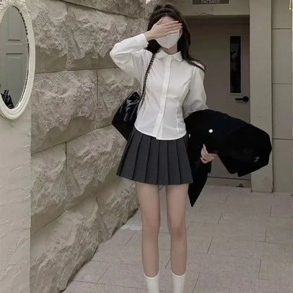 White Bandage Shirt Women Slim Long Sleeve Cute Top School Uniform Basic Blouse Female Polo Neck