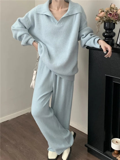 Autumn Cashmere Warm Soft Pants Suit Winter New Fashion Lapel V Neck Sweater Knitwear Casual Pants Women Two-piece Sets Elegant