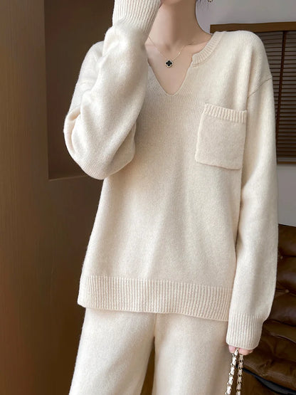 Women's Sweater Pocket Pullover Pants Suit 100% Merino Wool Knitwear V- Neck Cashmere Casual Set Solid Long Sleeve Autumn Winter