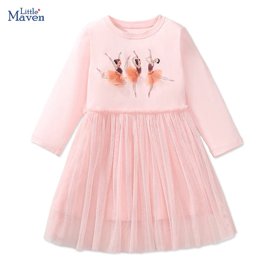 Little maven Kids Clothes Children's Clothing 2025 Autumn Cotton Baby Girls Cartoon Ballet Dancer Long Sleeves Dresses 2-7 year