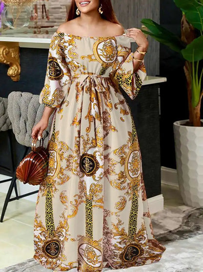 VONDA Women Printed Party Dress 2024 Sexy Off Shoulder Long Lantern Sleeve Bohemian Sundress Belted Vintage Maxi Robe Oversized