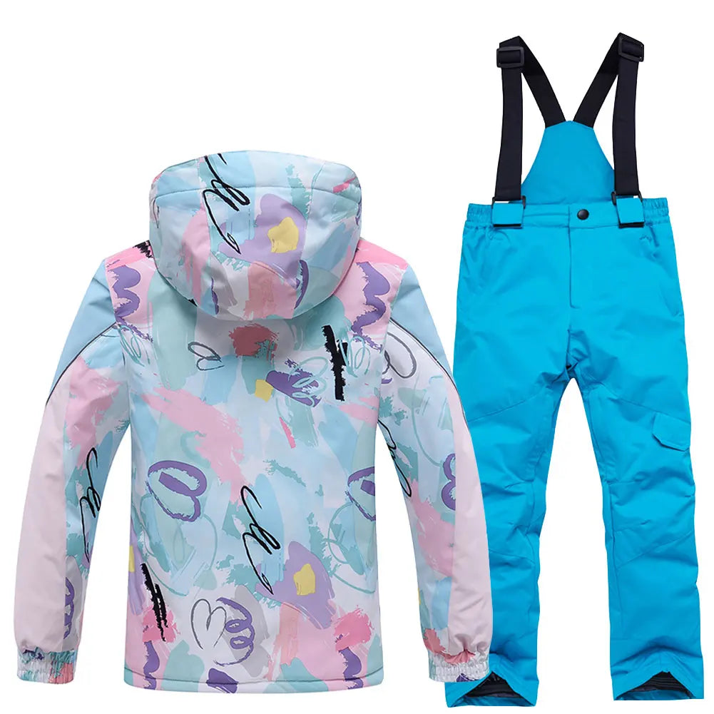 Fashion Printed Skiing Jacket + Bib Pants Snowsuits 2-Piece Boys Girls Hooded Winter Warm Windproof Snowboarding Wear