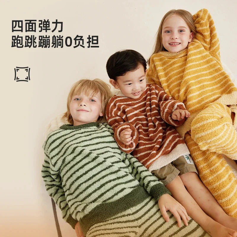 Kids Pajamas Sets Autumn Winter Children's Coral Velvet Sleepwear Stripe Loungewear for Boys Girls Thicken Pijama Teen Clothes